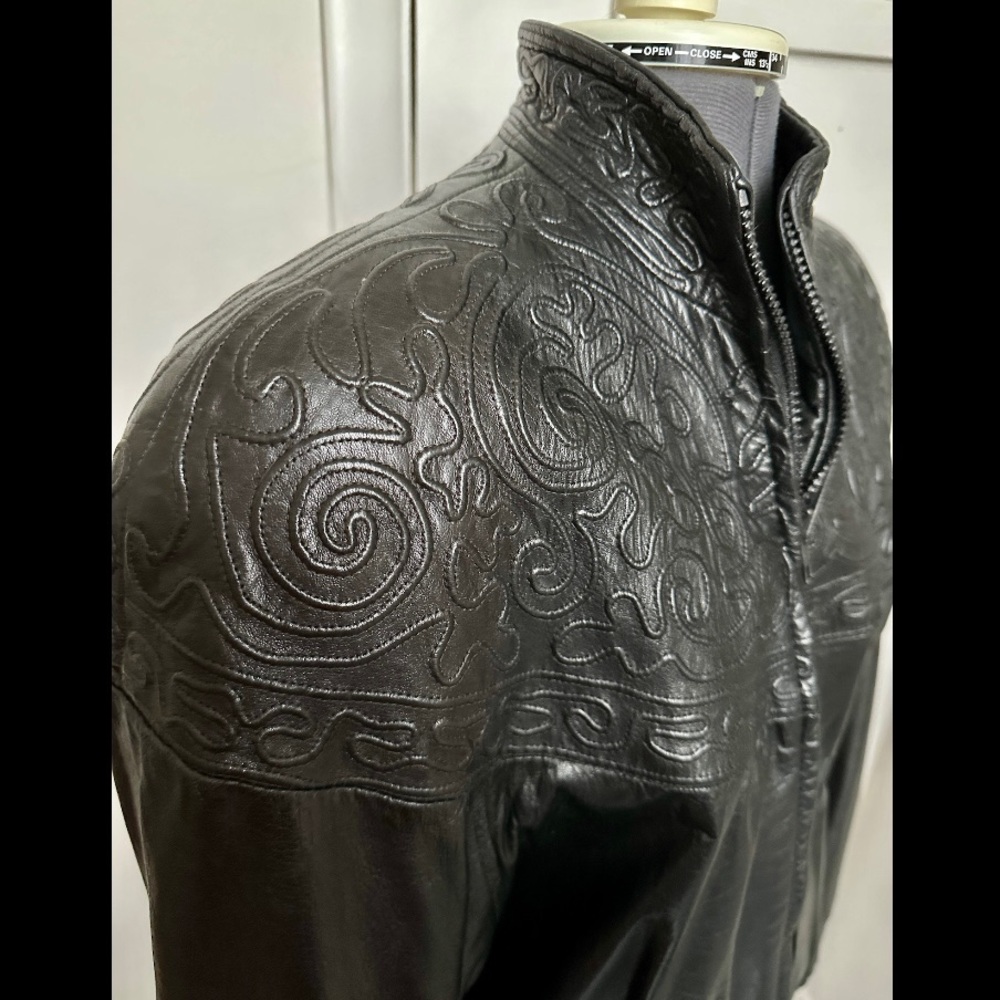 VINTAGE 1980s VAKKO NEIMAN MARCUS BLACK LEATHER EMBROIDERED BOMBER JACKET M EUC - Picture 3 of 8